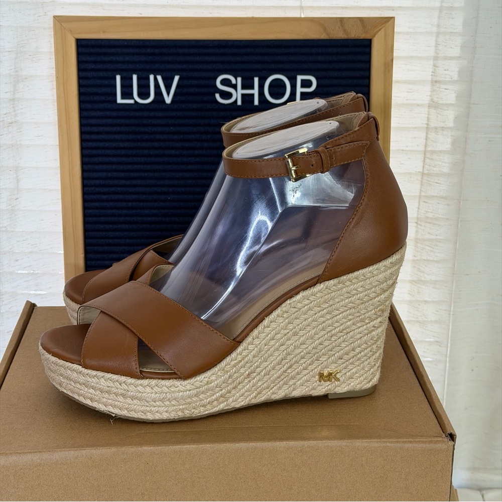 Michael kors Espadrilles Wedge Sandals  Brown Leather Ankle Strap Size 10 M (B1)